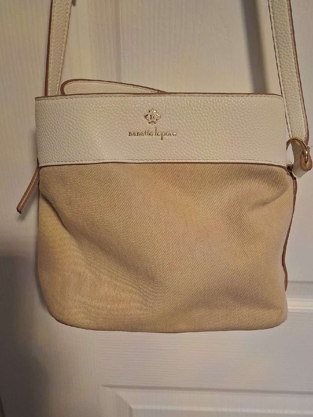 Nanette Lepore Cream and Tan Crossbody Purse with Gold Logo